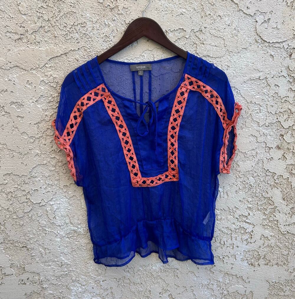 Umgee Sheer Blue Crochet Trim Peplum Blouse Size Small